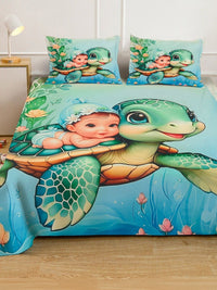 KLOTTHE Green Cartoon Printed Flat 300 TC Super King Bedsheet With 2 Pillow Cover