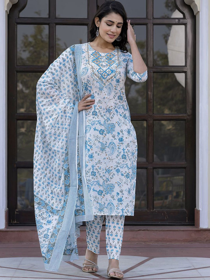 Kalini Paisley Bercetak Cermin Kerja Lurus Kurta Kapas Murni Dengan Seluar & Dupatta