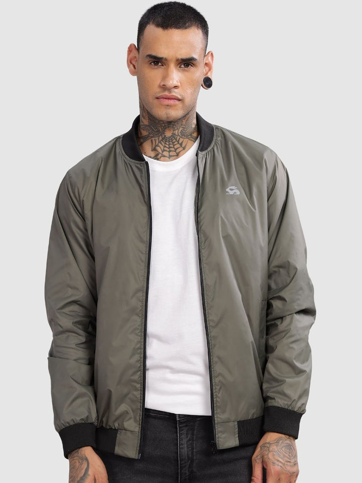 ADRO Men Stand Collar Solid Casual Bomber Jacket