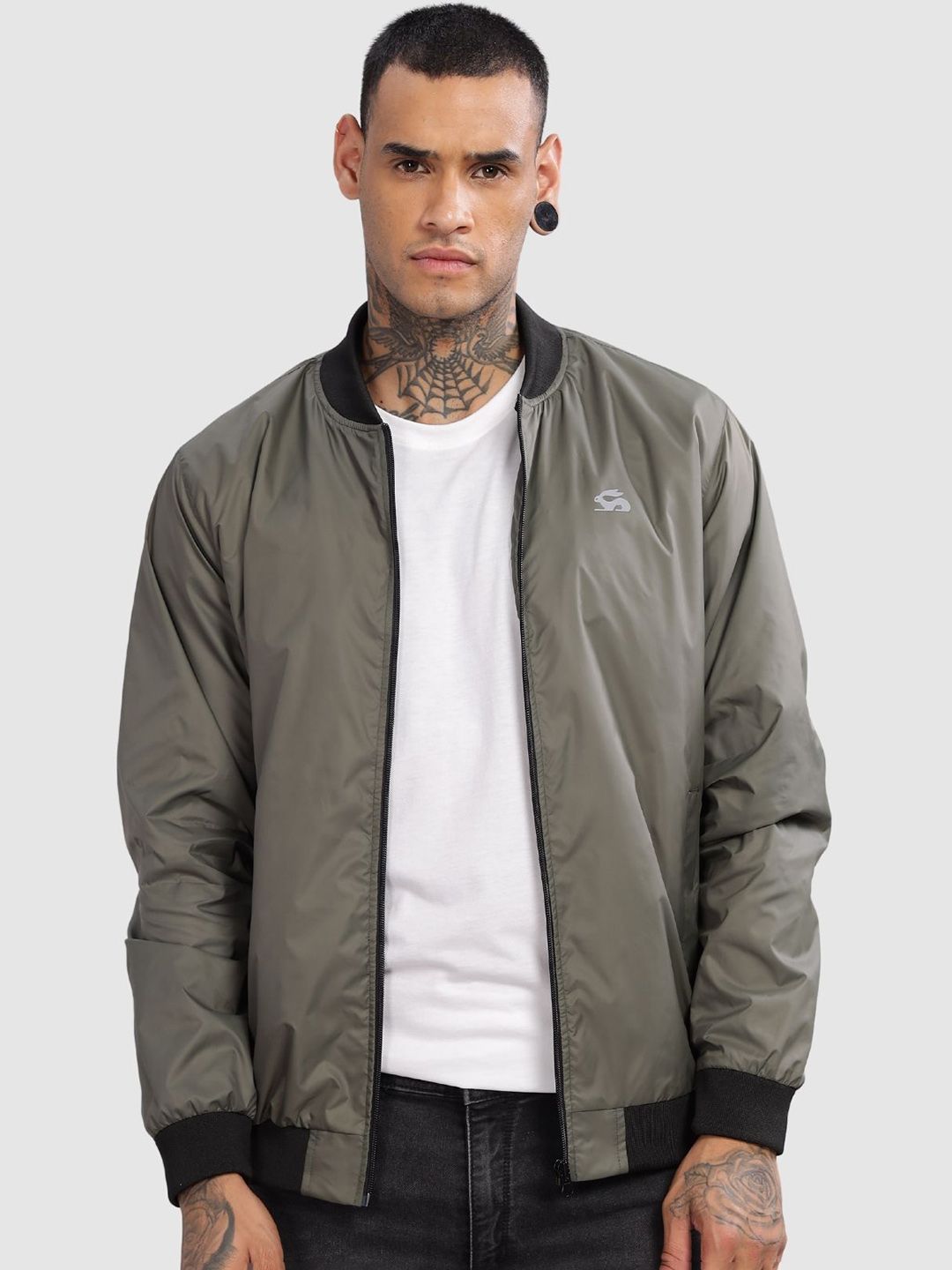 ADRO Men Stand Collar Solid Casual Bomber Jacket