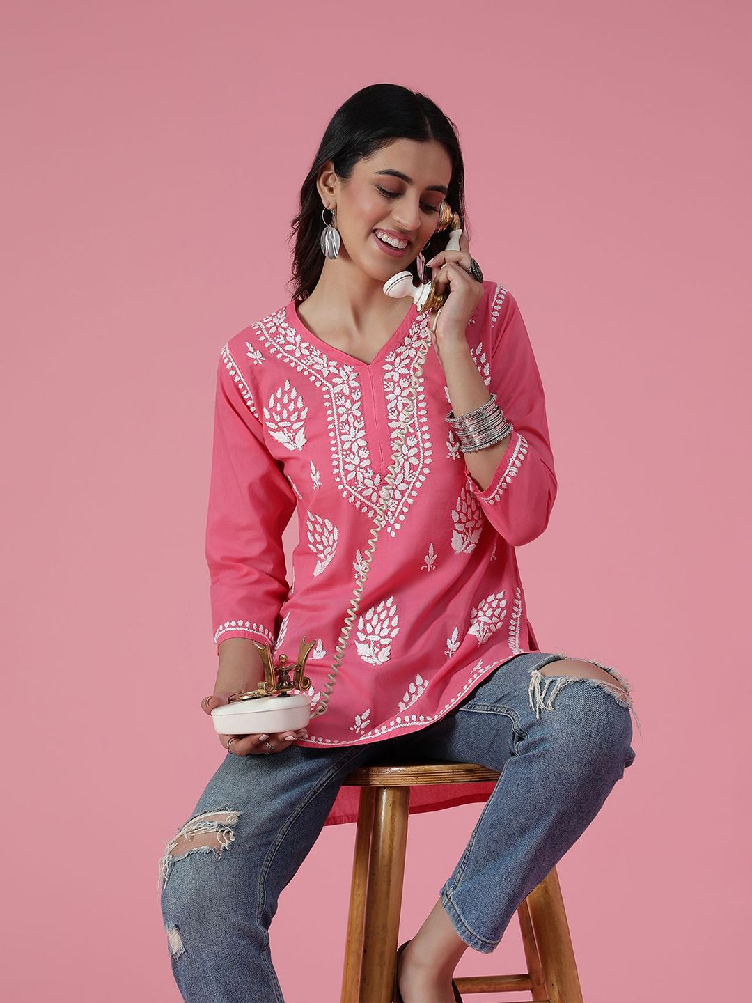 House of Chikankari Women Peach Cotton Chikankari Embroidered Kurta