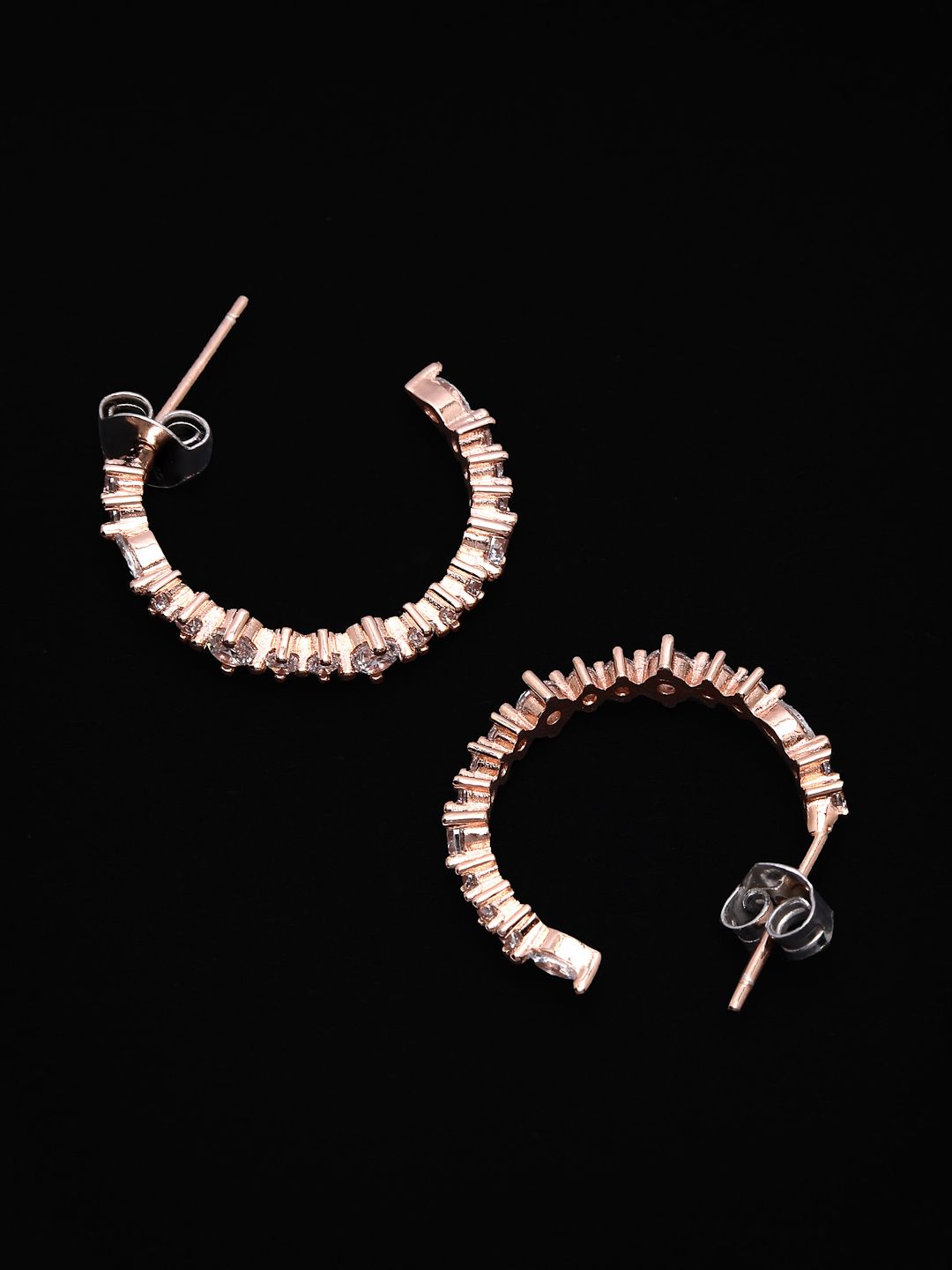 PANASH 925 Sterling Silver Rose Bersalut Emas Zirkonia Kubik Subang Setengah Gelung