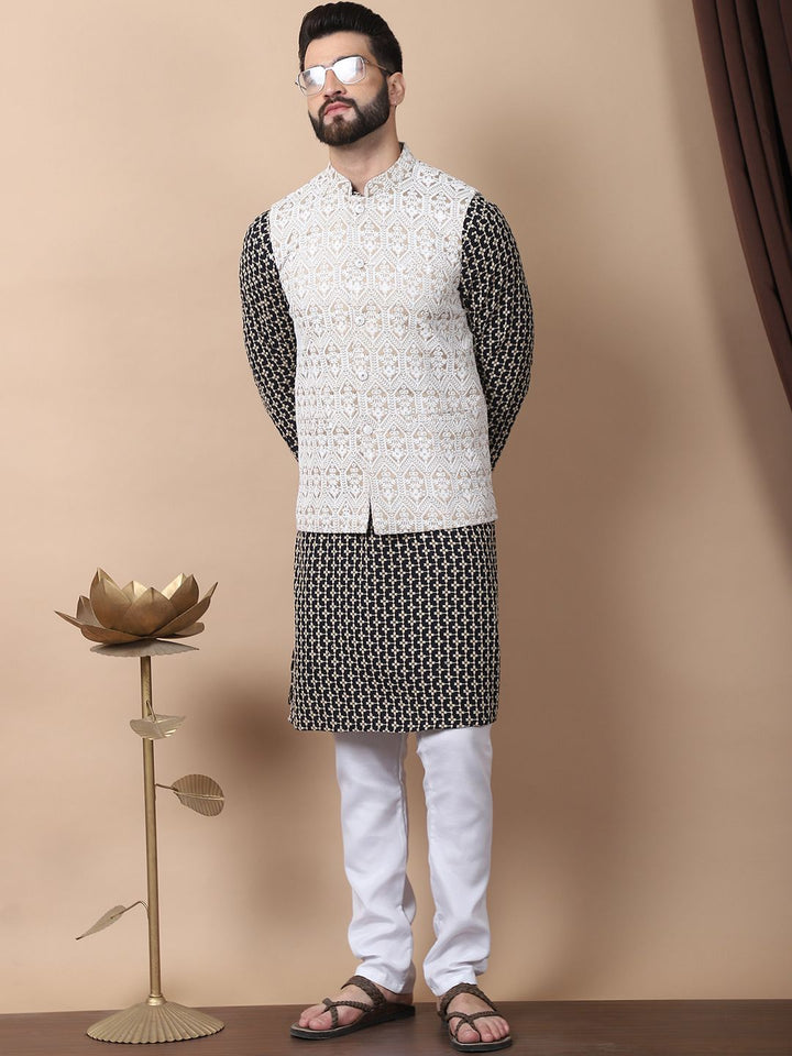 Anouk Black Floral Embroidered Thread Work Pure Cotton Kurta with Churidar & Nehru Jacket