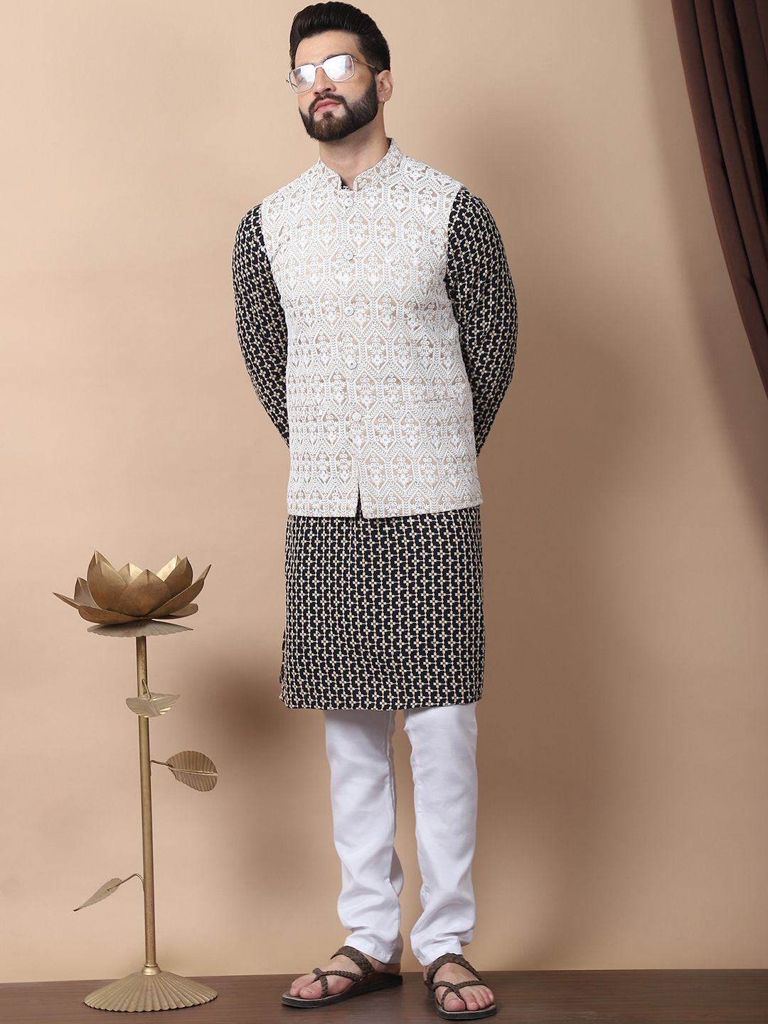 Anouk Black Floral Embroidered Thread Work Pure Cotton Kurta with Churidar & Nehru Jacket