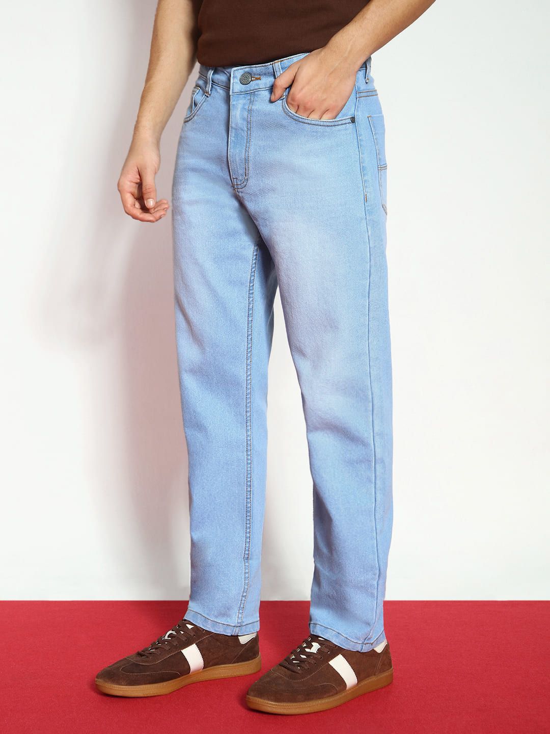 Urbano Fashion Men Ice Blue Straight Fit Heavy Washed Stretchable Jeans