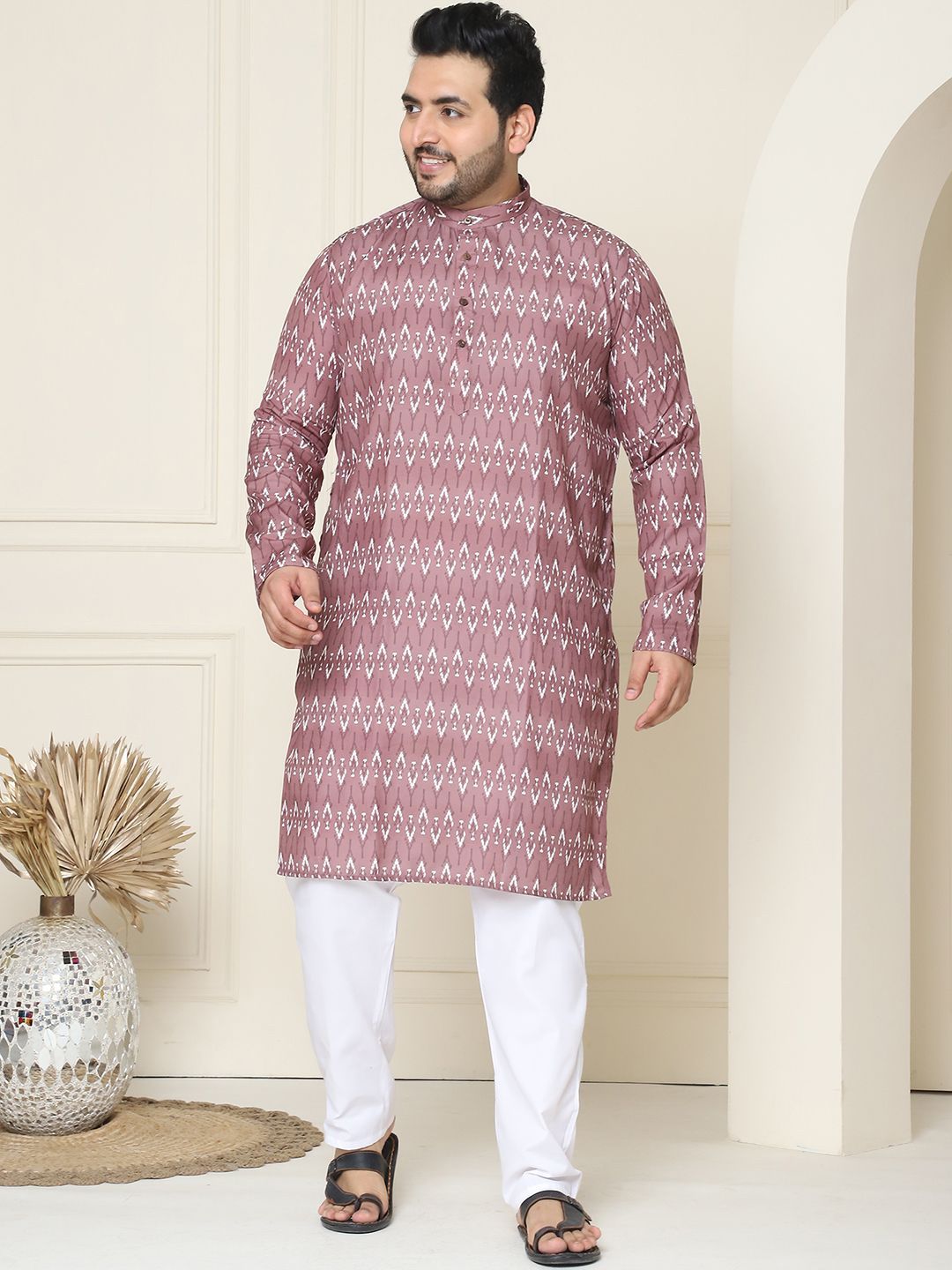 SOJANYA PLUS Geometric Printed Mandarin Collar Pure Cotton Straight Kurta with Pyjamas