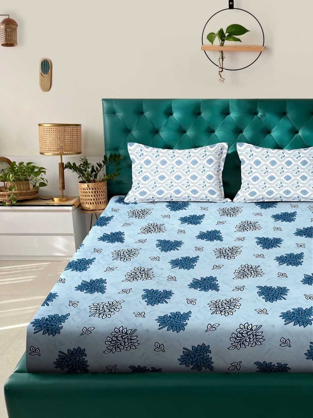 Myntra Elegant Homes Blue & White Floral 400 TC King Bedsheet with 2 Pillow Covers