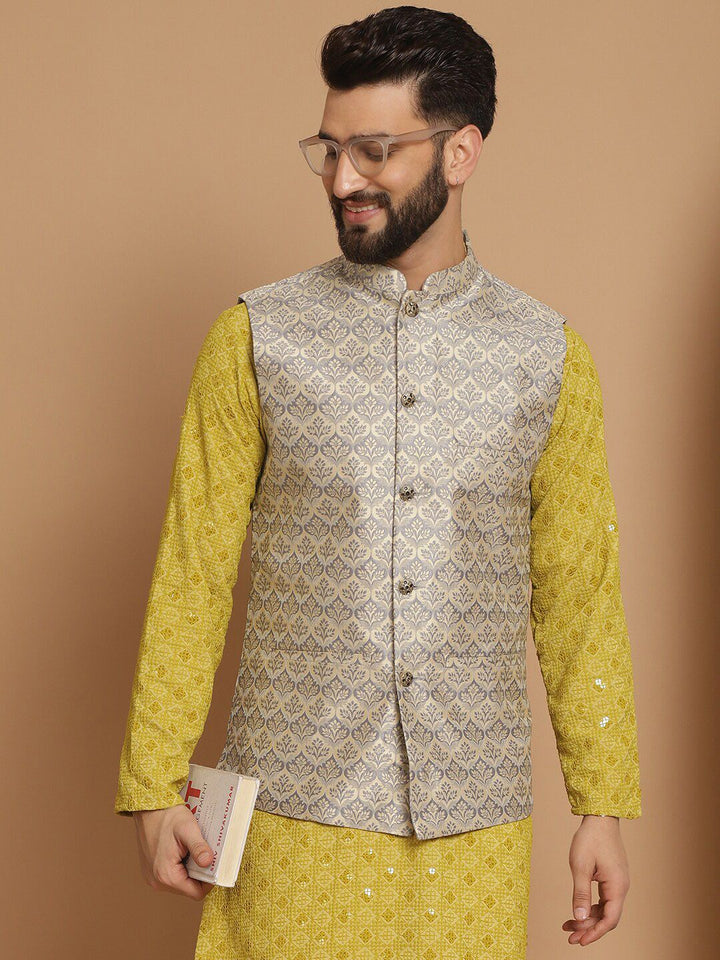Kurta Sulam Geometik Lelaki Anouk Dengan Jaket Nehru Rekaan Churidar & Tenunan