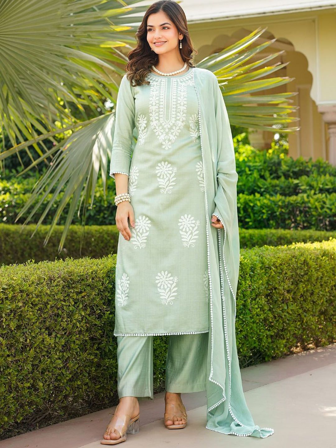 KALINI Floral Embroidered Thread Work Straight Kurta With Palazzos And Dupatta