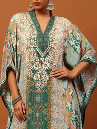 Rumah Chikankari Wanita Green Crepe Chikankari Sulam Kaftan Panjang