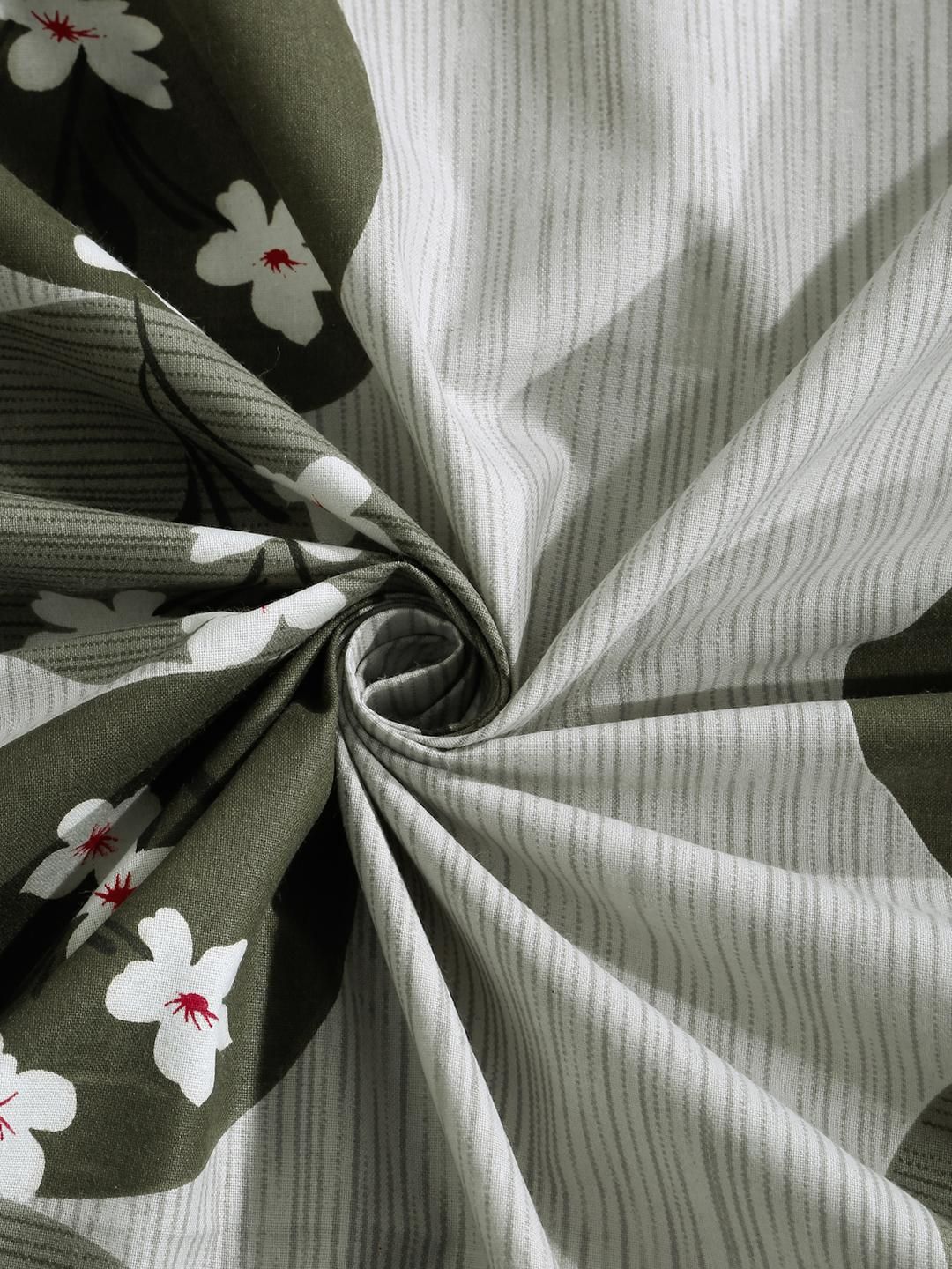 KLOTTHE Olive & White Floral Printed Cotton 400 TC Set Cadar King 2.5 m x 2.25 m