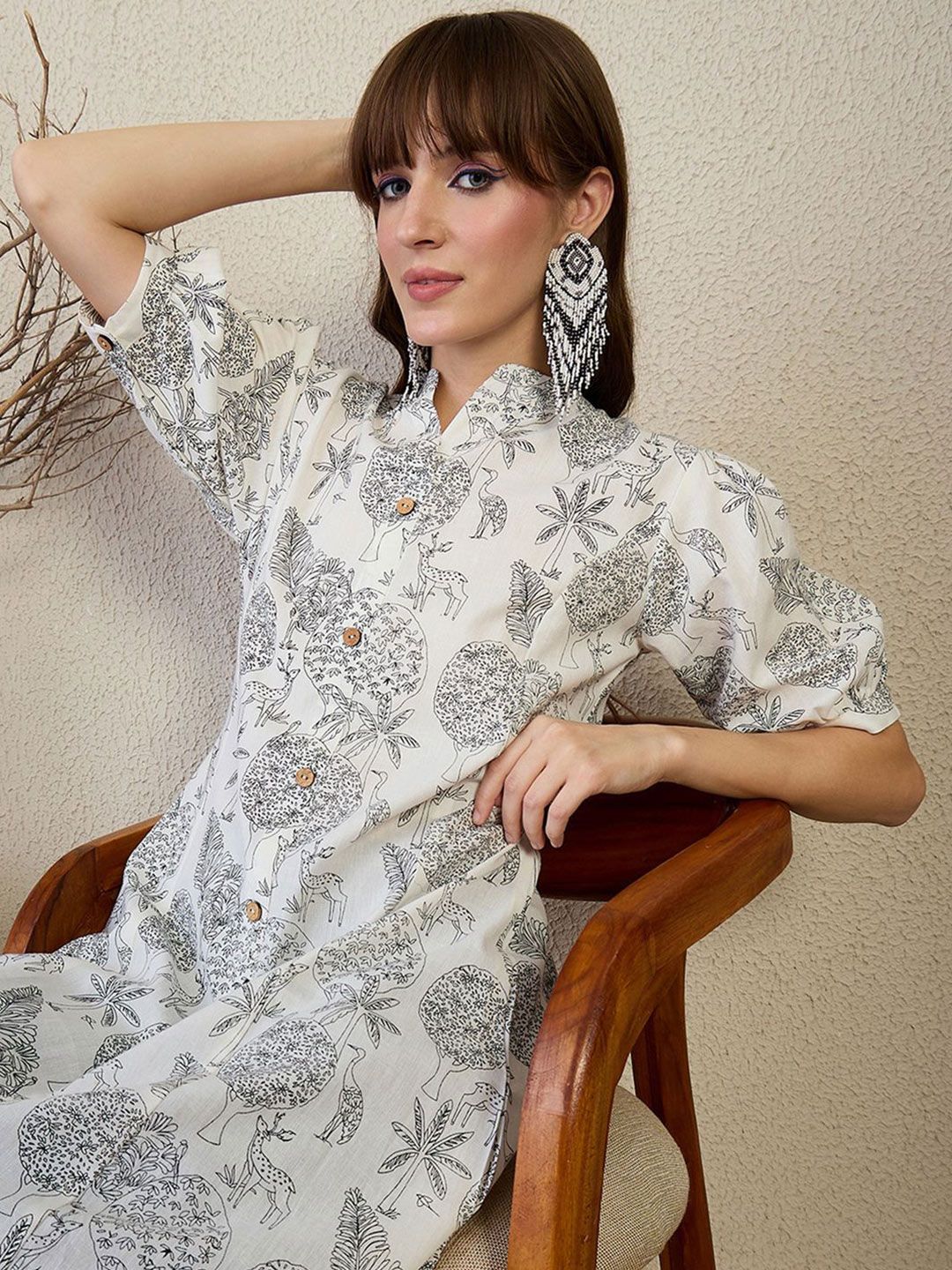 Indo Era Floral Printed Round Neck A-Line Kurta