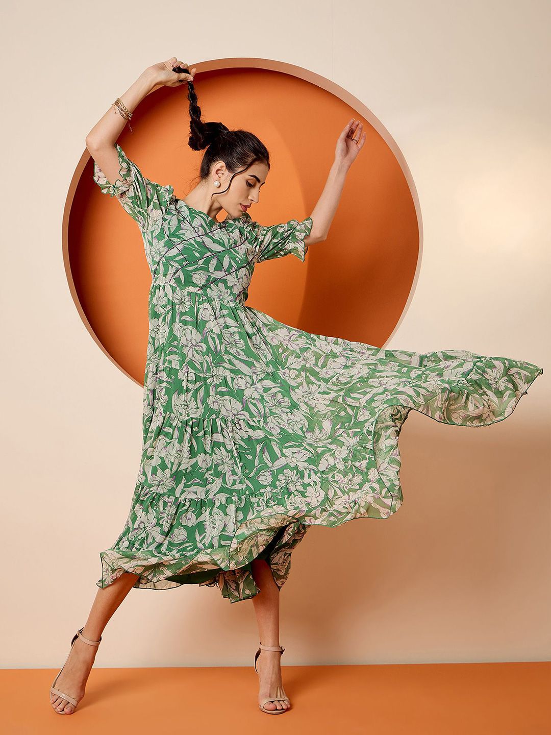 Antheaa Women Tropical Embellished Flutter Sleeve Chiffon Fit & Flare Dress