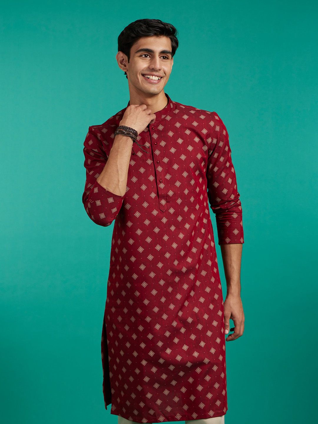 Diwas oleh Manyavar Ethnic Motifs dicetak leher kolar mandarin biasa Kurta kapas tulen