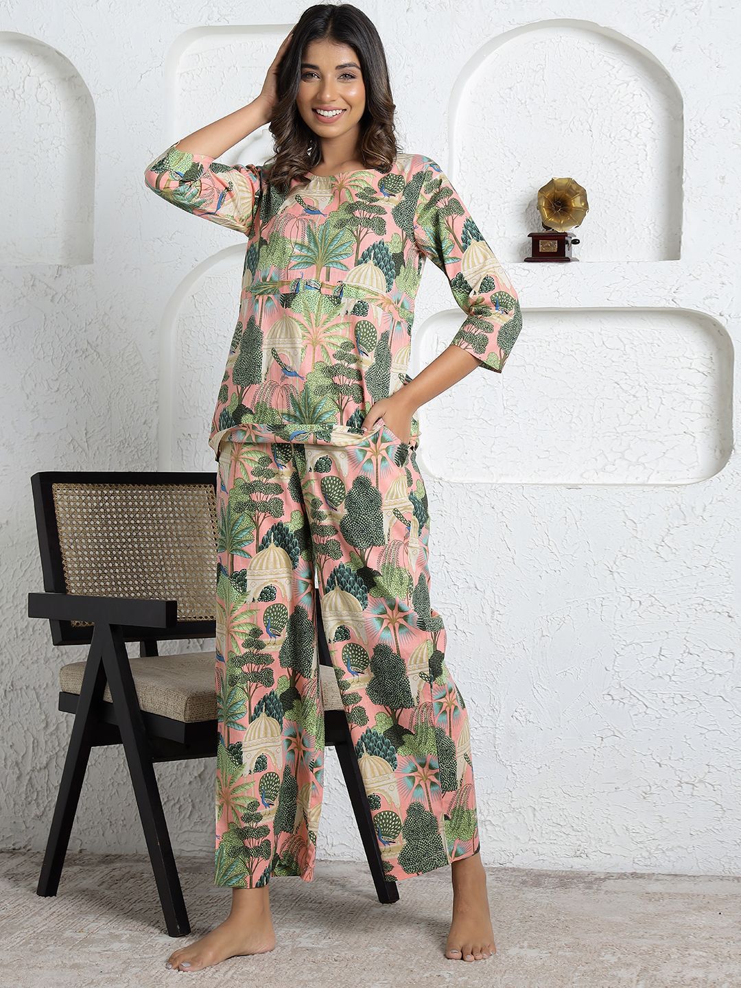 Mamicha Printed Pure Cotton Round Neck Top With Trousers Co-Ords Set