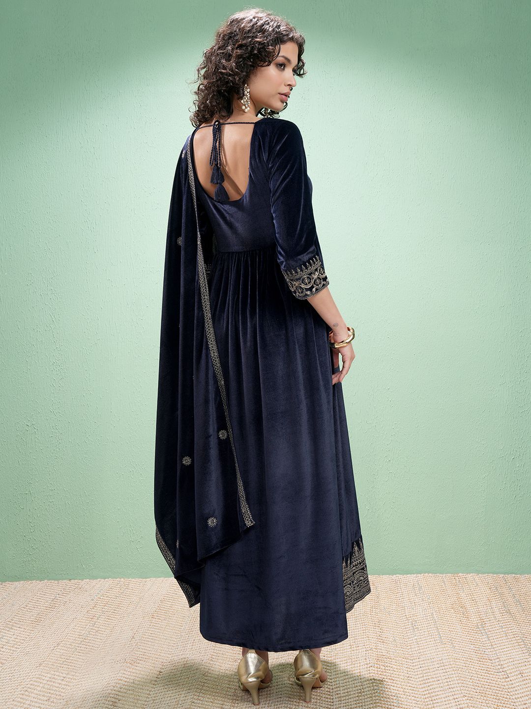 Vishudh Velvet Embroidered Maxi Dress With Dupatta