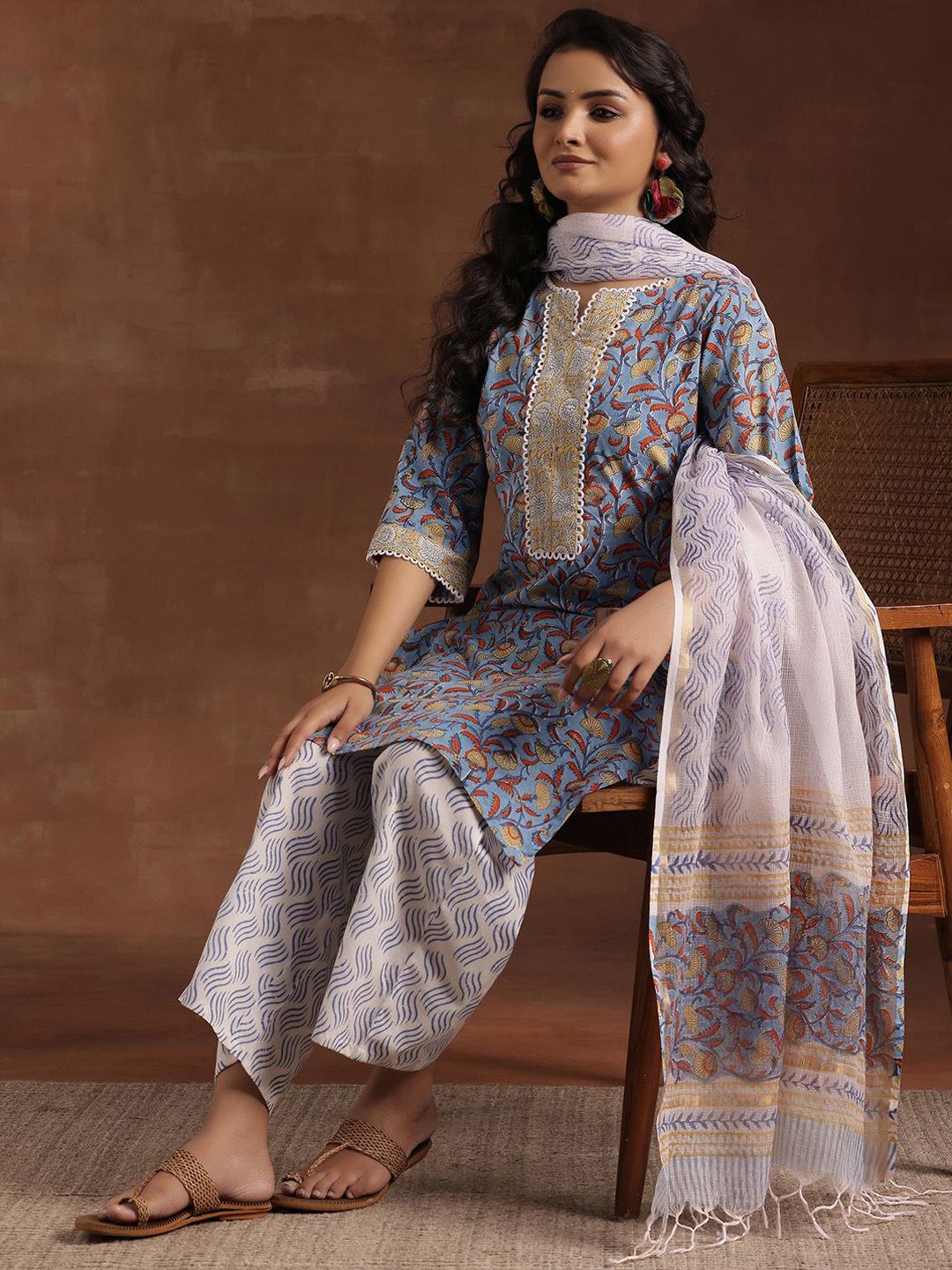 Libas Floral Printed Notch Neck Pure Cotton Straight Kurta with Palazzo & Dupatta