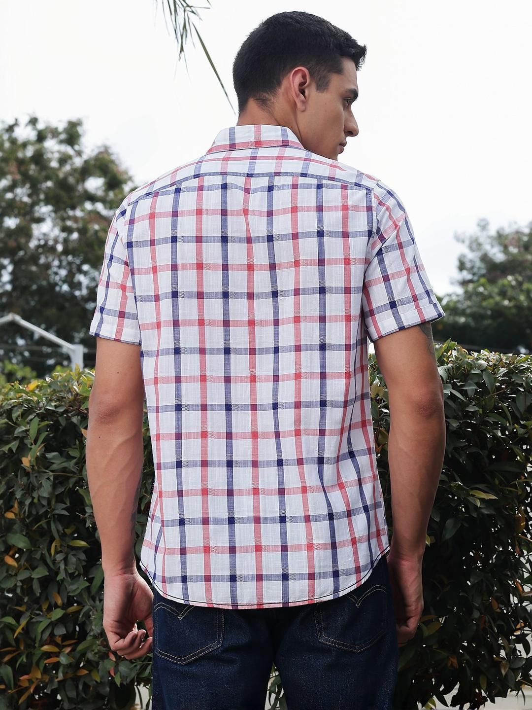 Thomas Scott Men Classic Slim Fit Windowpane Checks Checked Casual Shirt