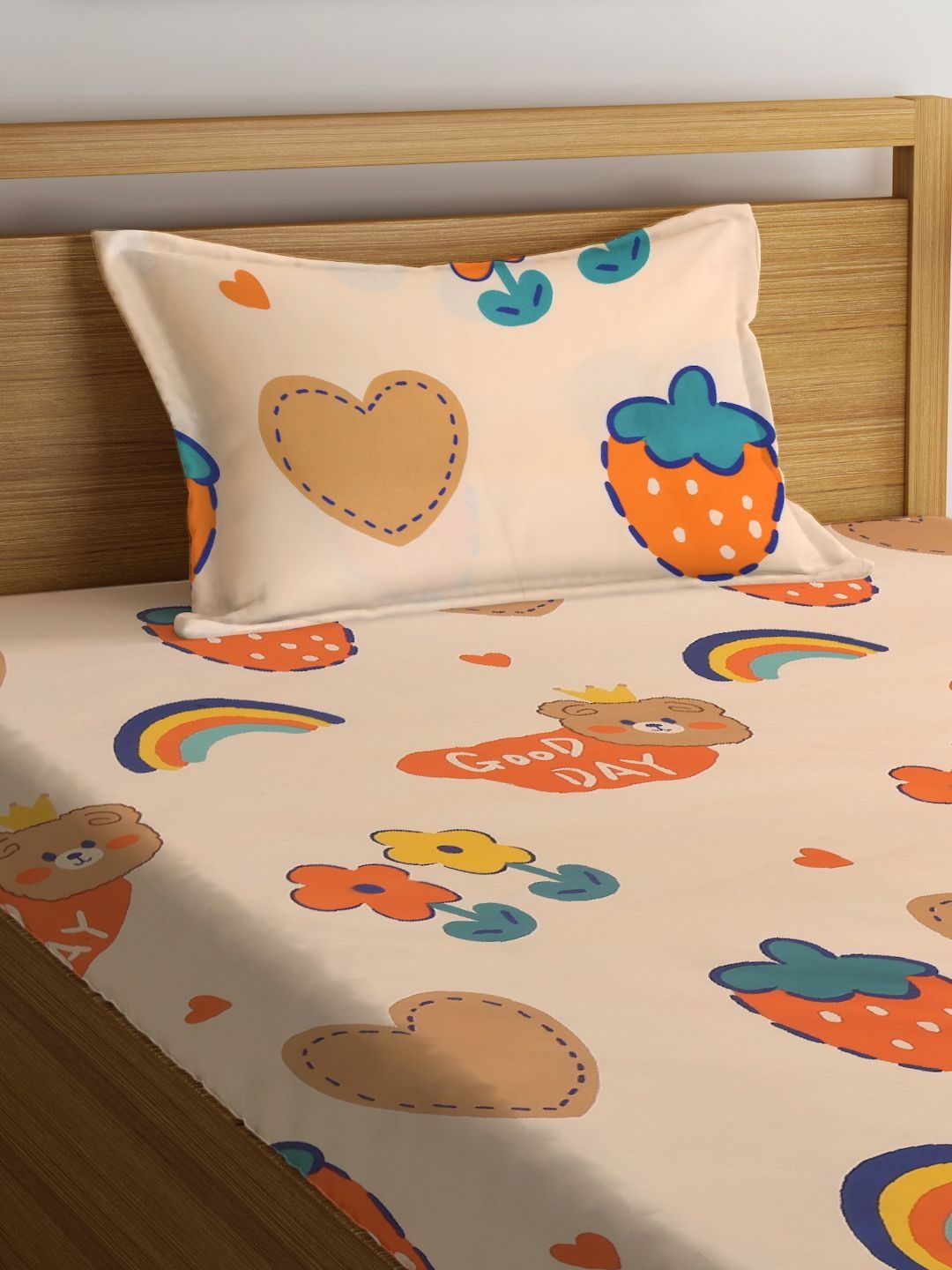 Myntra Elegant Homes Watak Kartun Pelbagai Warna 300 TC Cadar Tempat Tidur Single dengan 1 Sarung Bantal