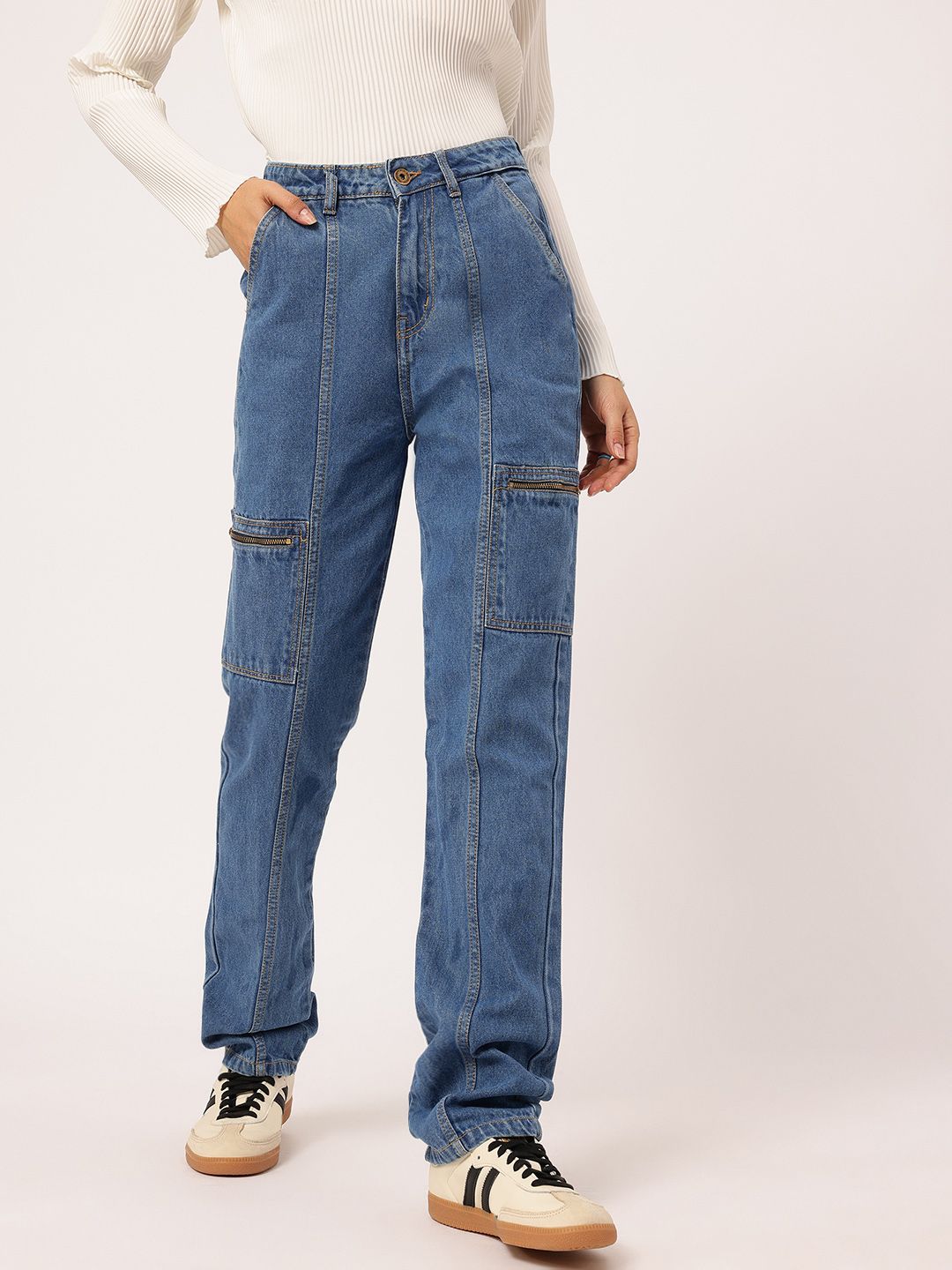 DressBerry Women Classic Panelled Straight Fit Cargo Style Jeans