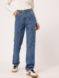 DressBerry Women Classic Panelled Straight Fit Cargo Style Jeans