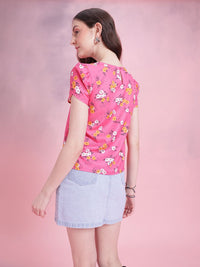 DressBerry Floral Print Gathered Detail Puff Sleeves Top