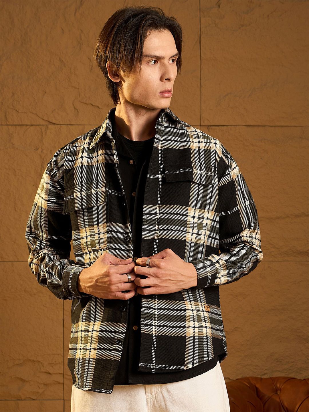 DENNISON Men Double Pocket Drop Shoulder Oversized Cotton Checked Shacket