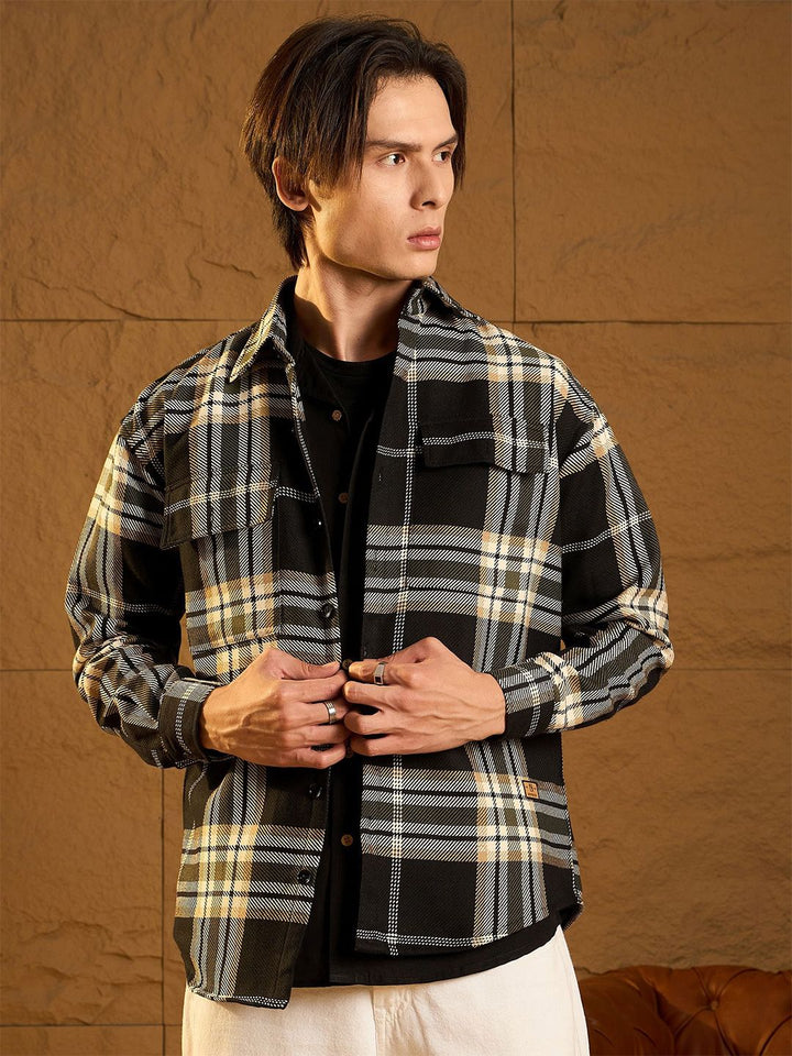 DENNISON Men Double Pocket Drop Shoulder Oversized Cotton Checked Shacket