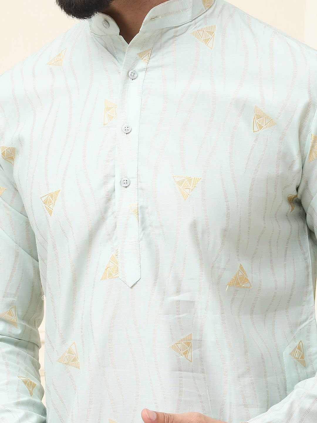 SOJANYA Geometric Woven Design Mandarin Collar Silk Cotton Straight Kurta dengan Piyama