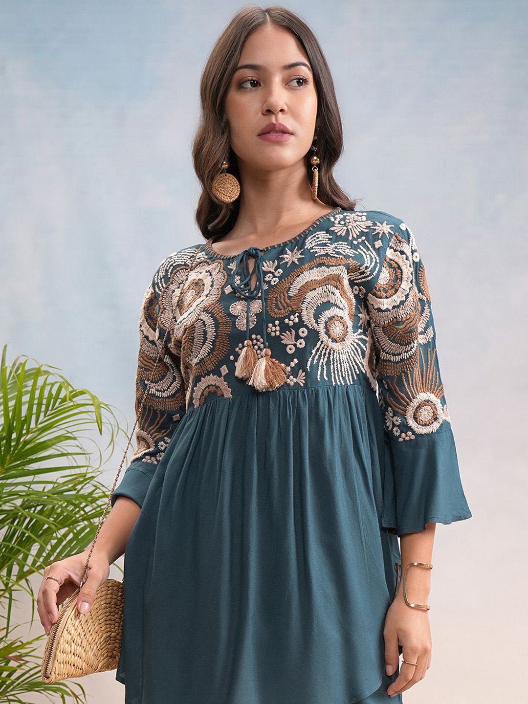 Vishudh Floral Embroidered Tie Up Neck Bell Sleeves Top With Trouser