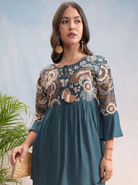 Vishudh Floral Embroidered Tie Up Neck Bell Sleeves Top With Trouser