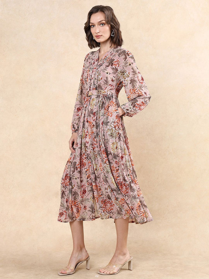 RAREISM Women Floral Print A-Line Midi Dress