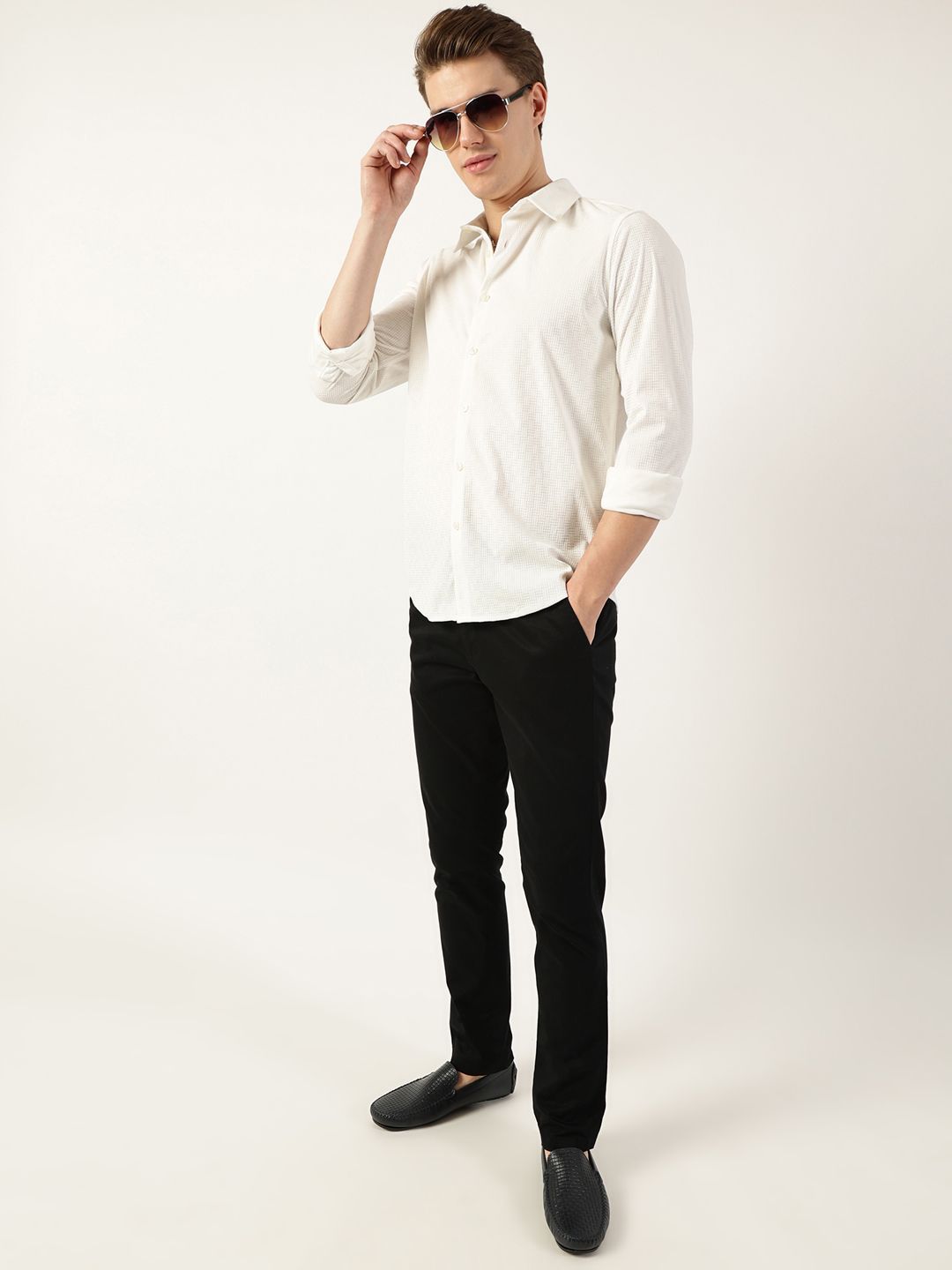 Thomas Scott Men Classic Spread Collar Textured Solid Slim Fit Casual Shirt
