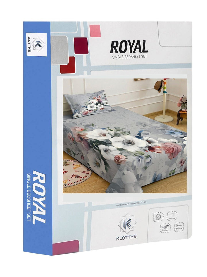 KLOTTHE Grey & White Floral Flat 400 TC Single 7D Bedsheet with 1 Pillow Covers