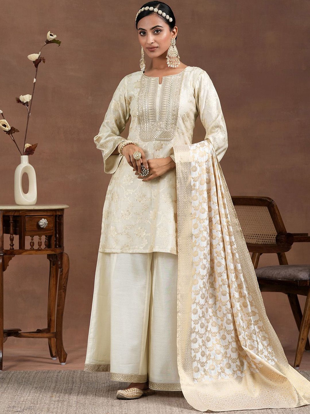 Libas Floral Woven Design Sequinned Straight Kurta With Palazzo & Dupatta