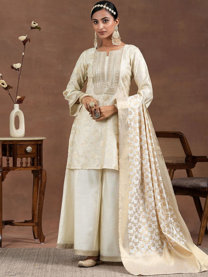 Libas Floral Woven Design Sequinned Straight Kurta With Palazzo & Dupatta