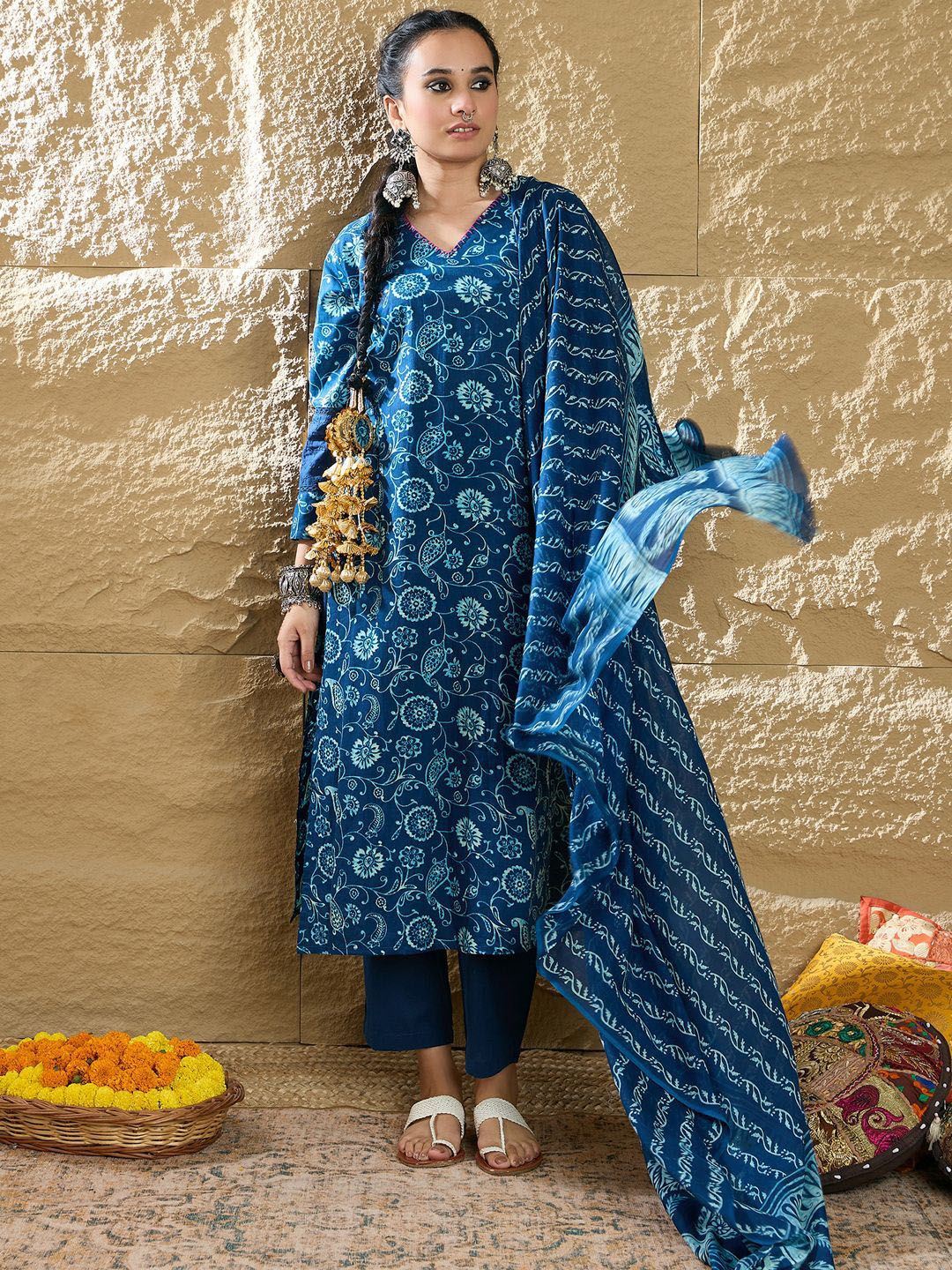 Indo Era Women Paisley Printed Pure Cotton Kurta with Trousers & Dupatta