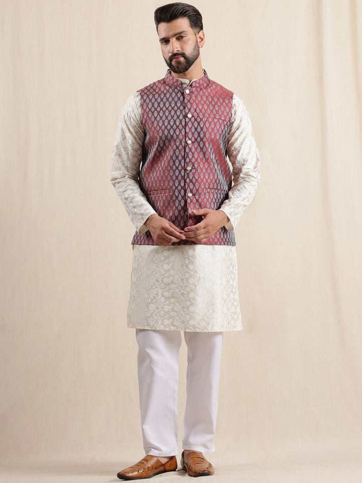 Kurta Kolar Jalur Sulam Bunga Anouk Lelaki dengan Piyama & Jaket Nehru