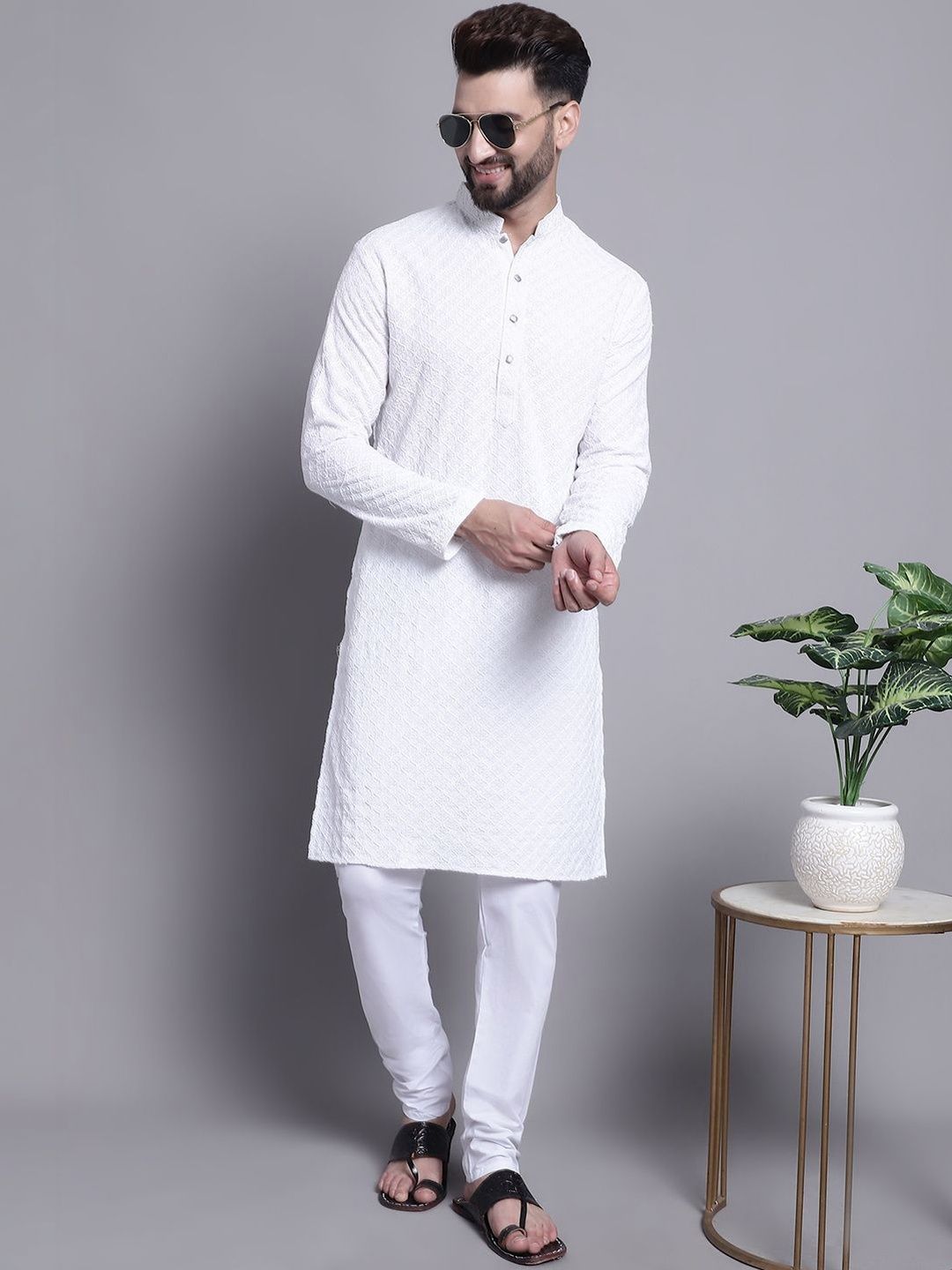 SOJANYA Motif Etnik Lelaki Sulam Kurta Kapas Tulen Biasa dengan Piyama
