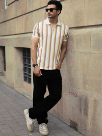 Powerlook Men Mustard Printed Stripe T-Shirt