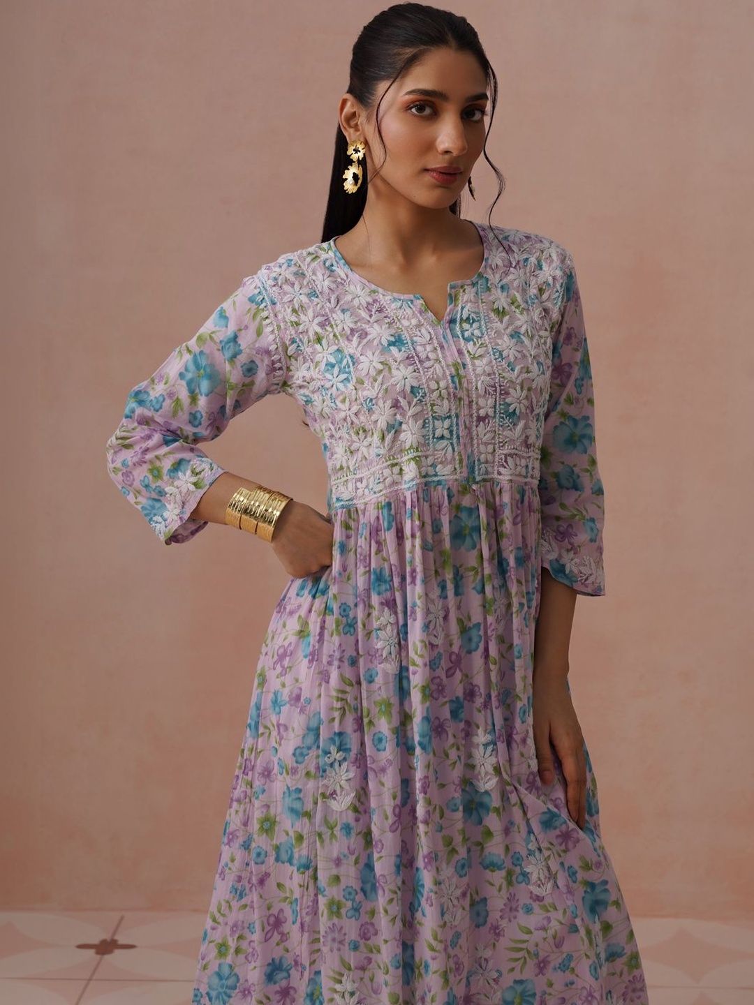 House of Chikankari Floral Print Bell Sleeve Maxi Dress