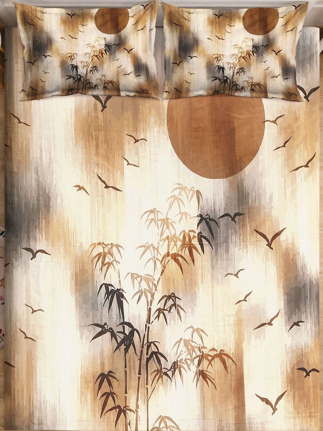 Myntra Elegant Homes Beige & Brown Floral 300 TC Cadar Katil King dengan 2 Sarung Bantal