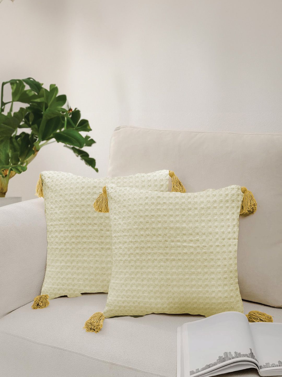 URBAN SPACE Beige 2 Pieces Checked Square Cushion Covers