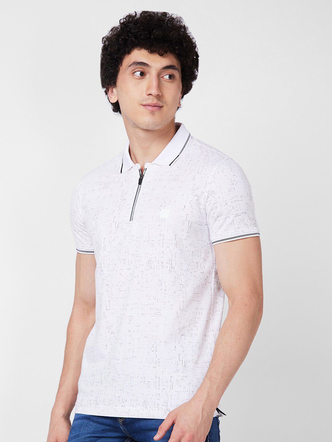 SPYKAR Polo Collar Short Sleeves Abstract Print Cotton Slim Fit T-shirt