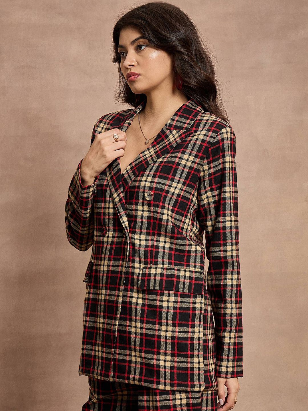 SASSAFRAS Checked Pure Cotton Comfort-Fit Double-Breasted Blazer