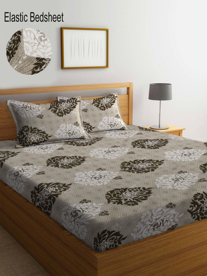 KLOTTHE Motif Etnik Kelabu Dicetak Dilengkapi Cadar Katil King Double 300 TC Dengan 2 Sarung Bantal