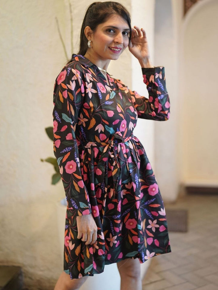KALINI Women Floral Printed Fit & Flared Shirt Collar Above Knee Ethnic Dress