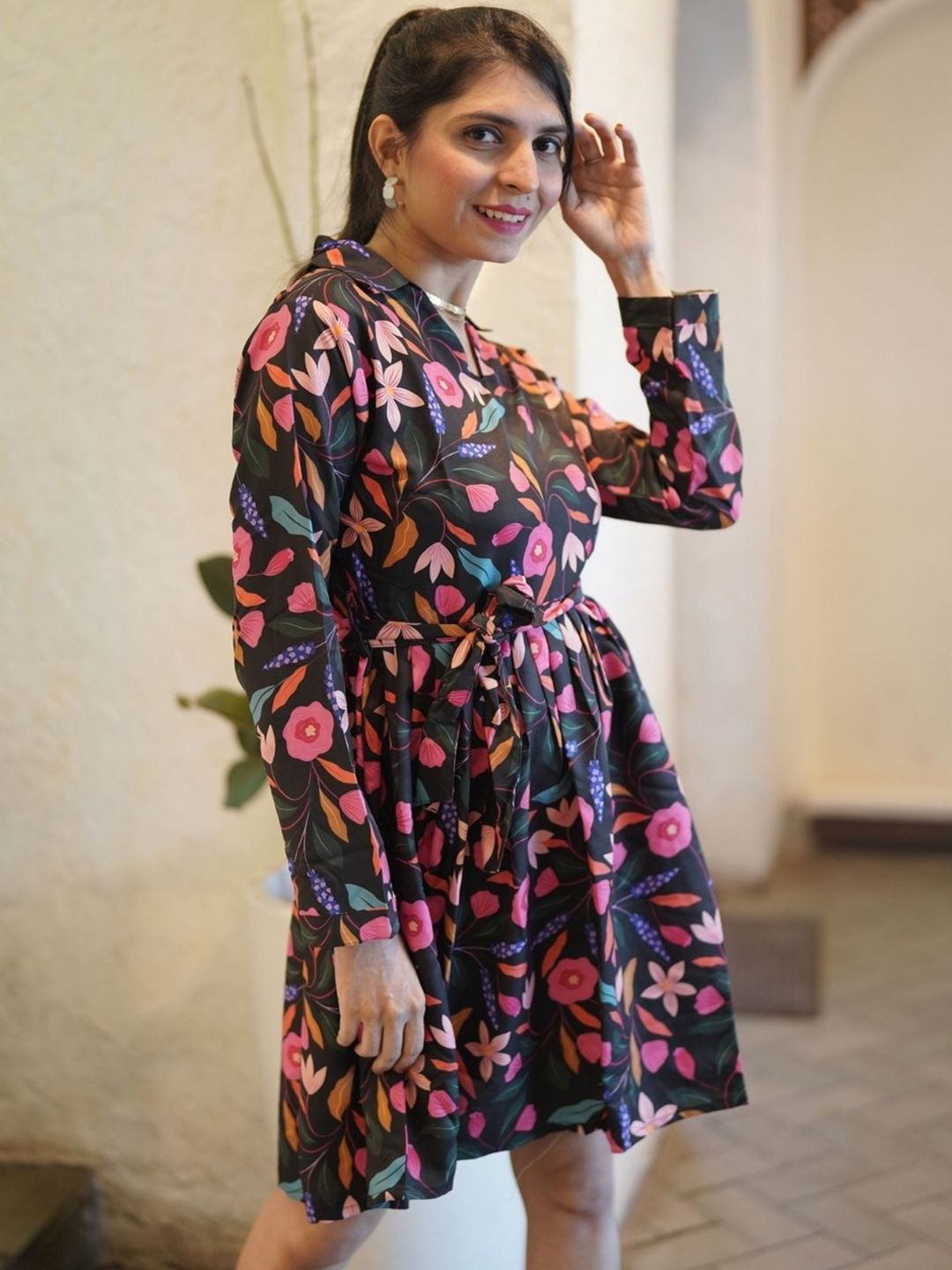 KALINI Women Floral Printed Fit & Flared Shirt Collar Above Knee Ethnic Dress