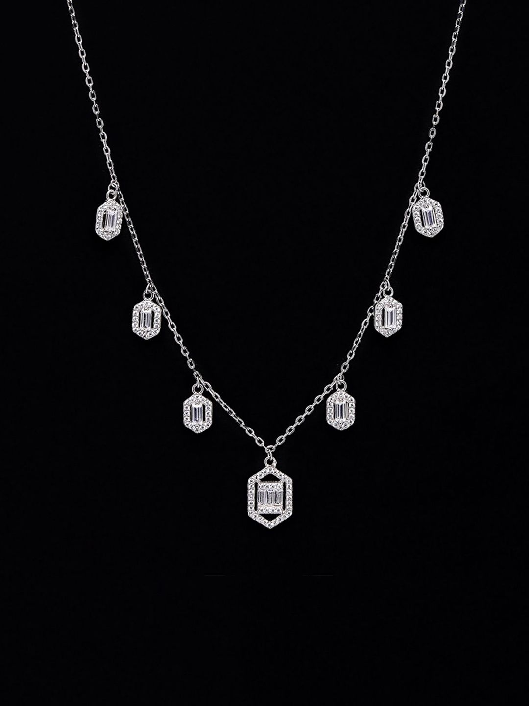 PANASH 925 Sterling Silver Rhodium-Plated CZ-Studded Solitaires Necklace