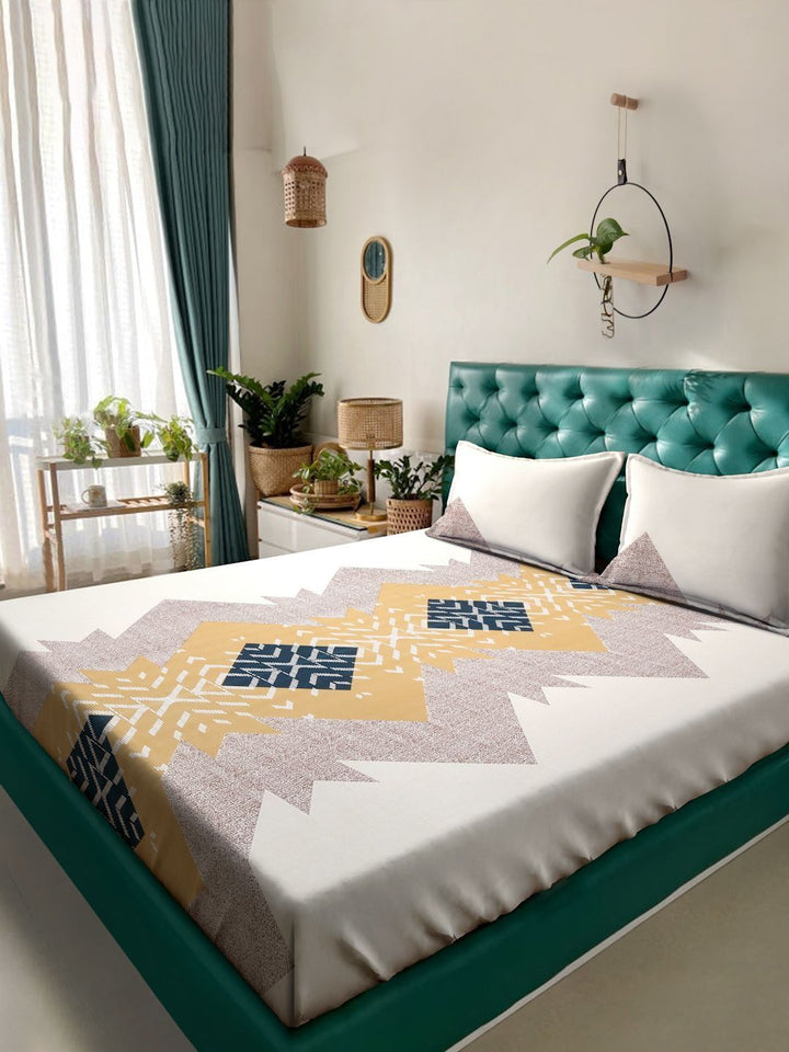 Myntra Elegant Homes White & Yellow Geometric 300 TC King Cadar dengan 2 Sarung Bantal